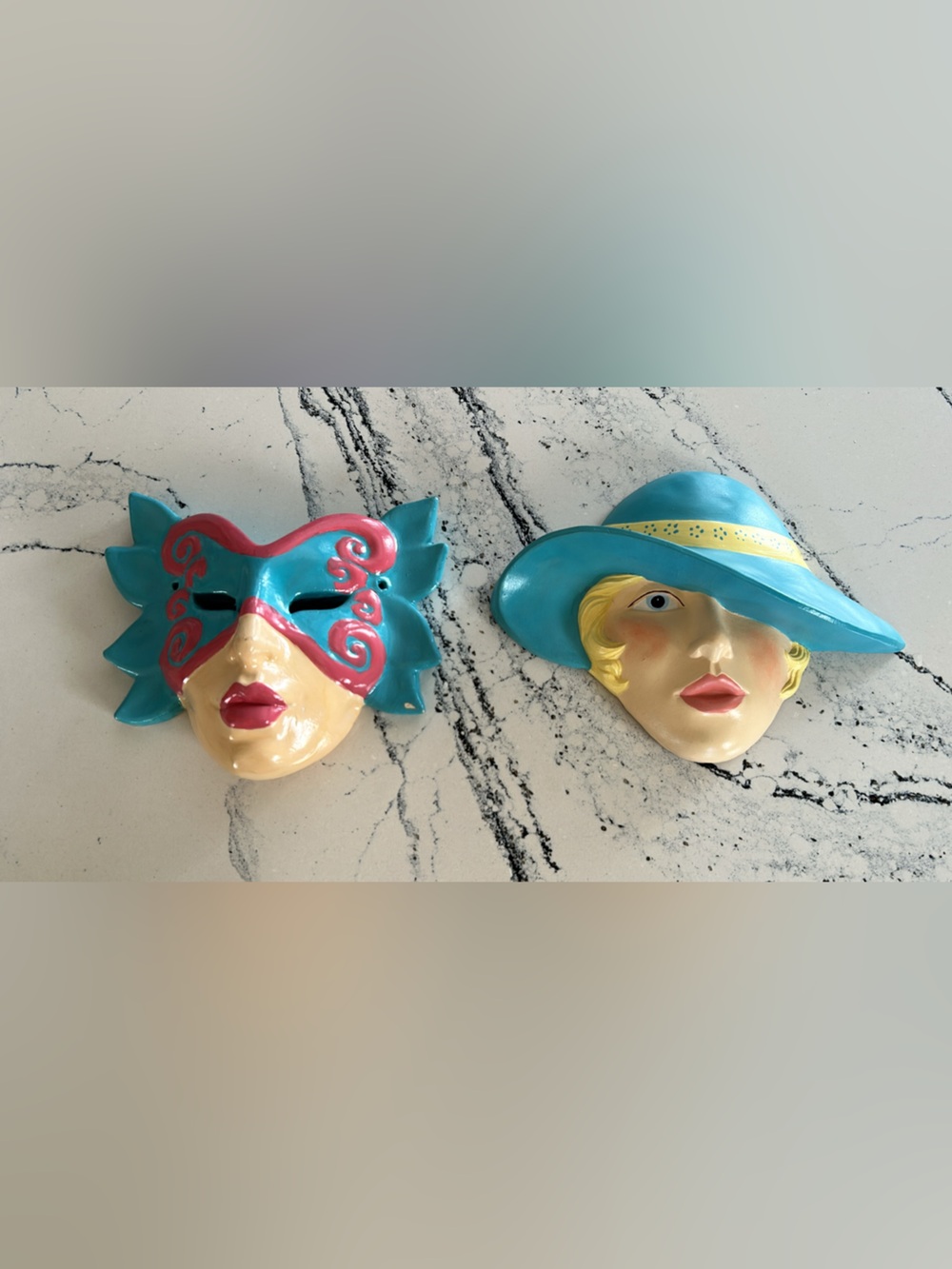 Vintage 1980’s Hand-Painted Ceramic Wall Masks - Set of 2 home decor 80’s